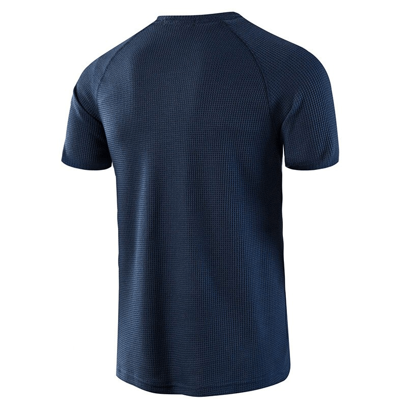 Back view of a navy blue short-sleeve breathable t-shirt for men, perfect for activewear with a lightweight, slim fit design.